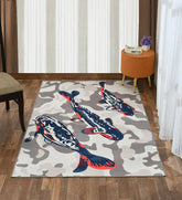 Machine washable blue rug featuring playful fish motifs.